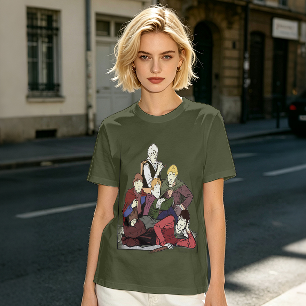 Olive T-shirt with Group of Fantasy Characters Graphic Print
