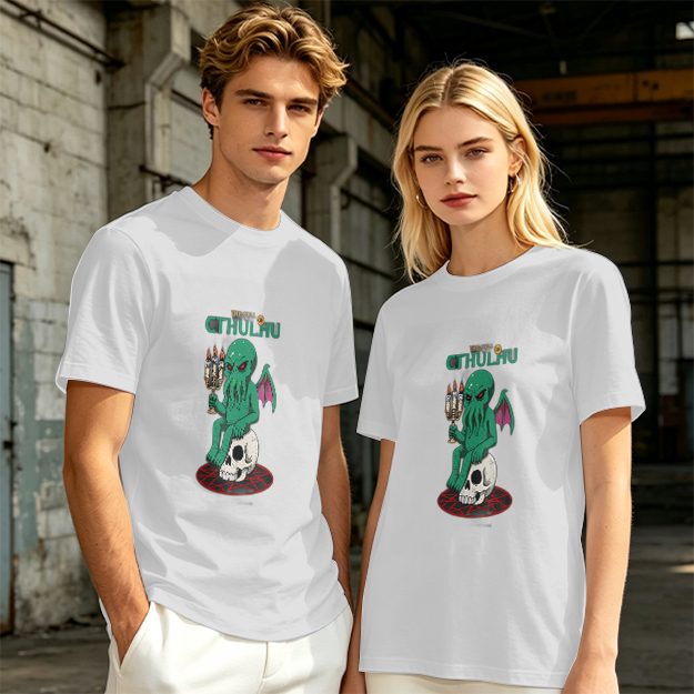 Olive Green Cthulhu Graphic T-Shirt with Skull and Candles