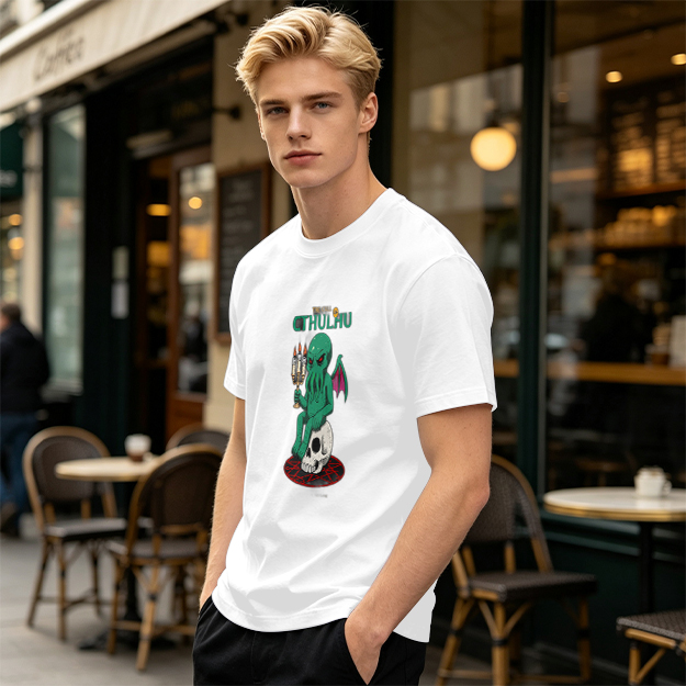 Olive Green Cthulhu Graphic T-Shirt with Skull and Candles
