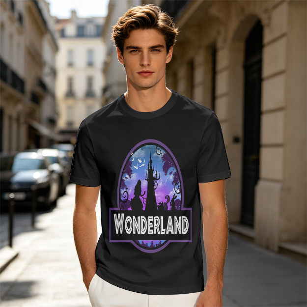 Olive green t-shirt with Wonderland fantasy castle graphic print