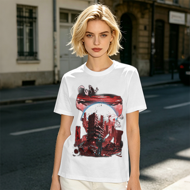 Olive Graphic T-Shirt with Post-Apocalyptic Cityscape Print