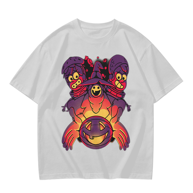 Olive T-Shirt With Halloween Three-Headed Witch And Jack-O'-Lantern Print