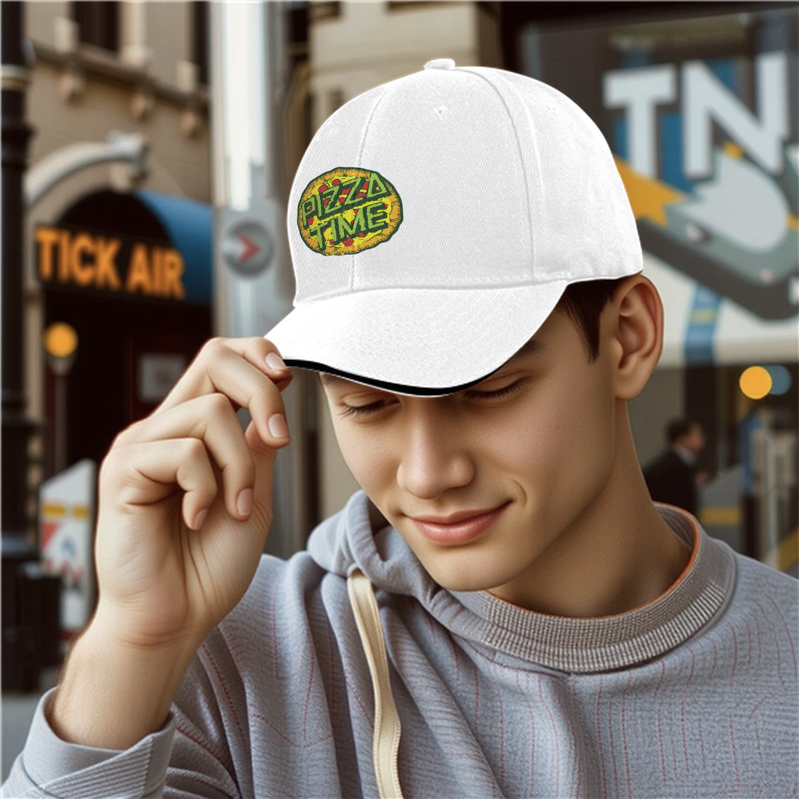 Black Baseball Cap With Pizza Time Graphic Design