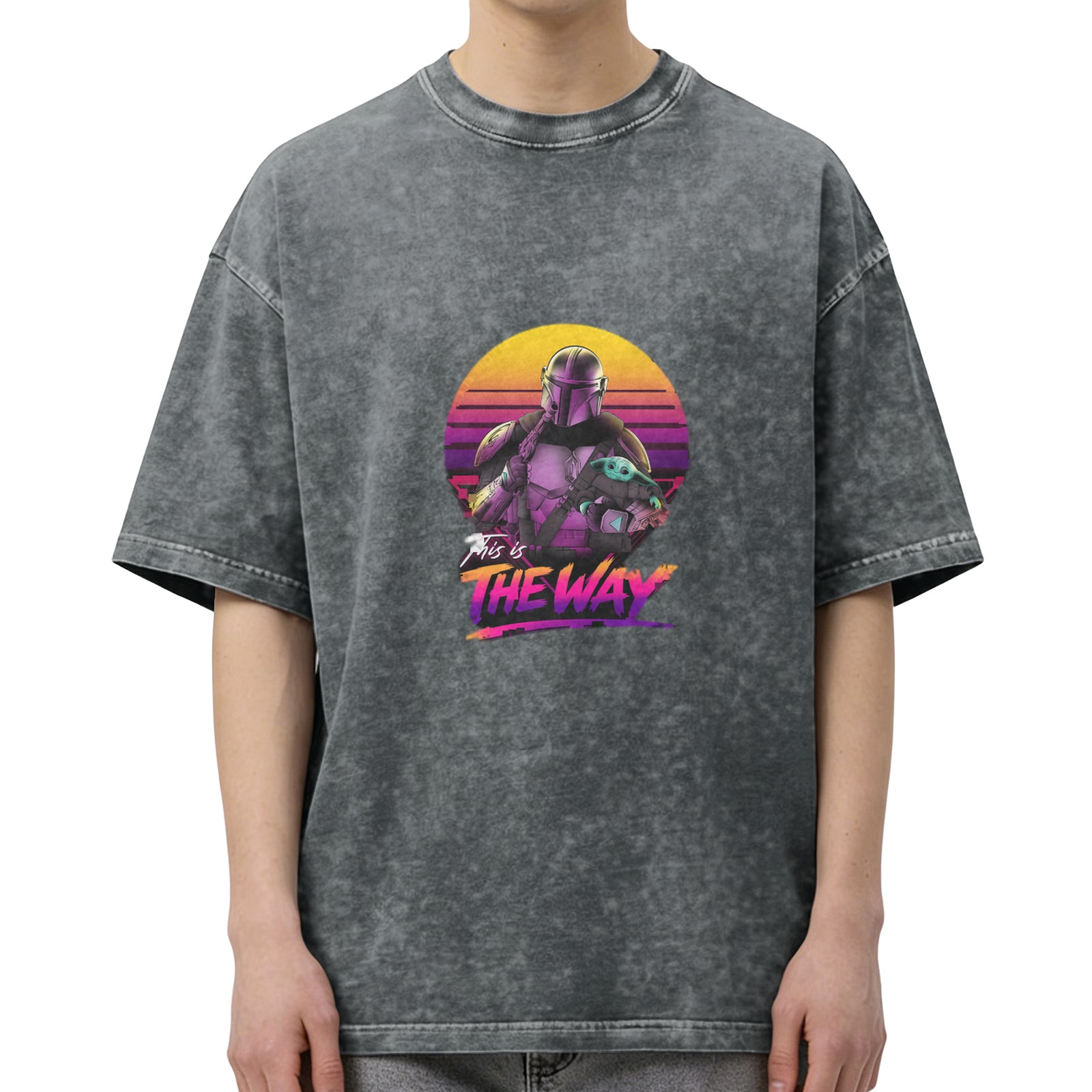 Washed Cotton T-Shirt with Mandalorian This Is The Way Synthwave Print