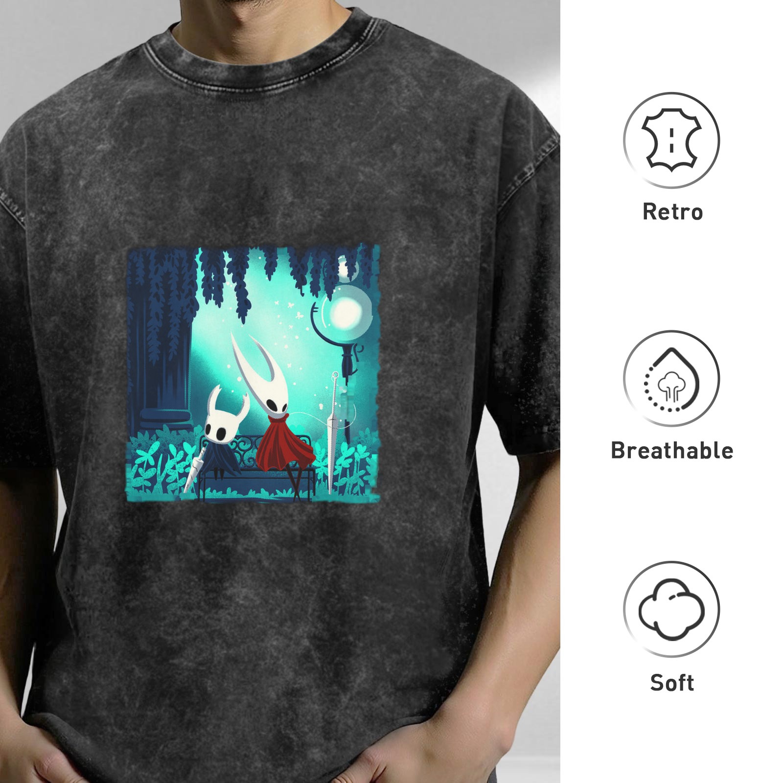 Hollow Knight Themed Dark Wash Graphic T-Shirt