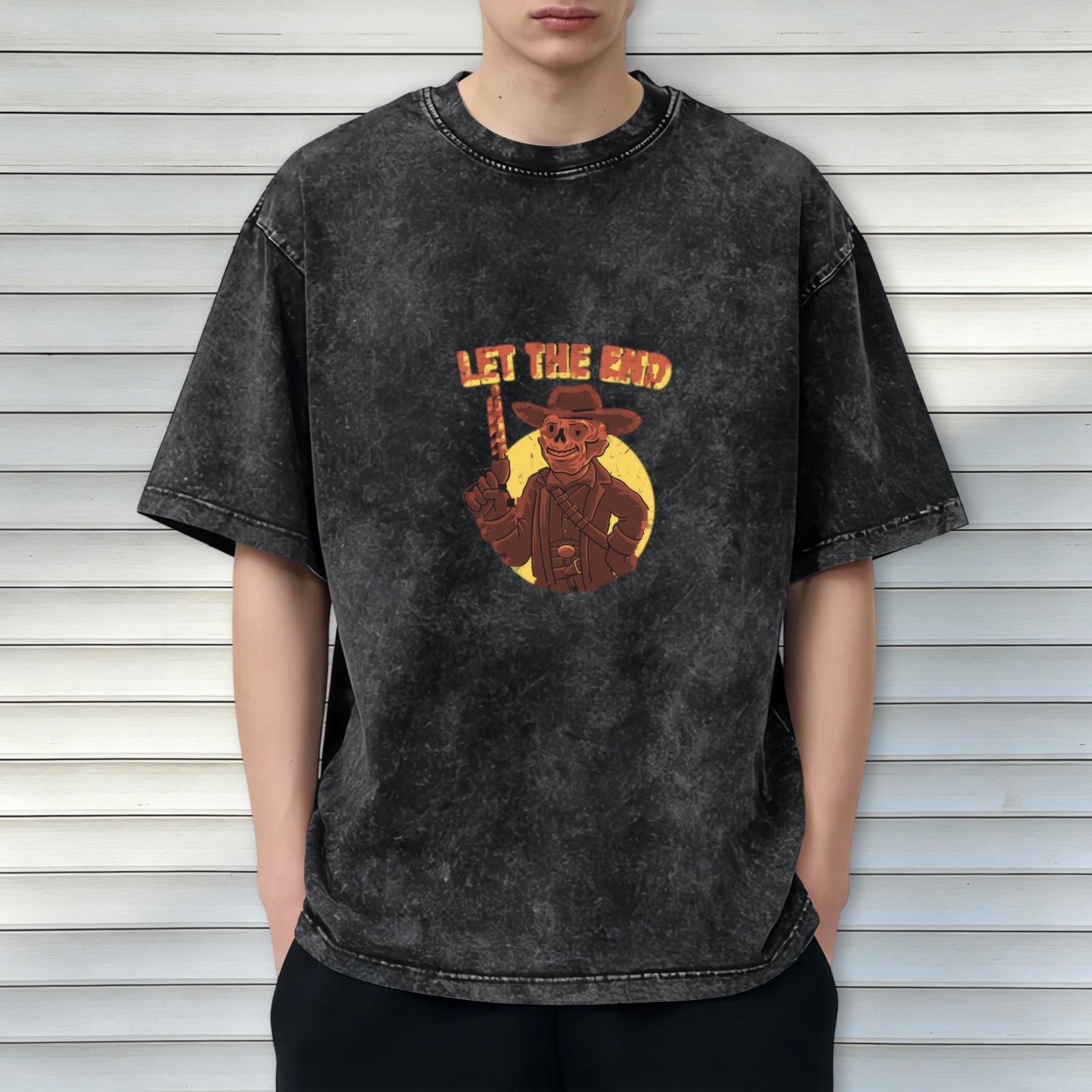 Washed Black T-Shirt With Skeleton Cowboy Graphic Print