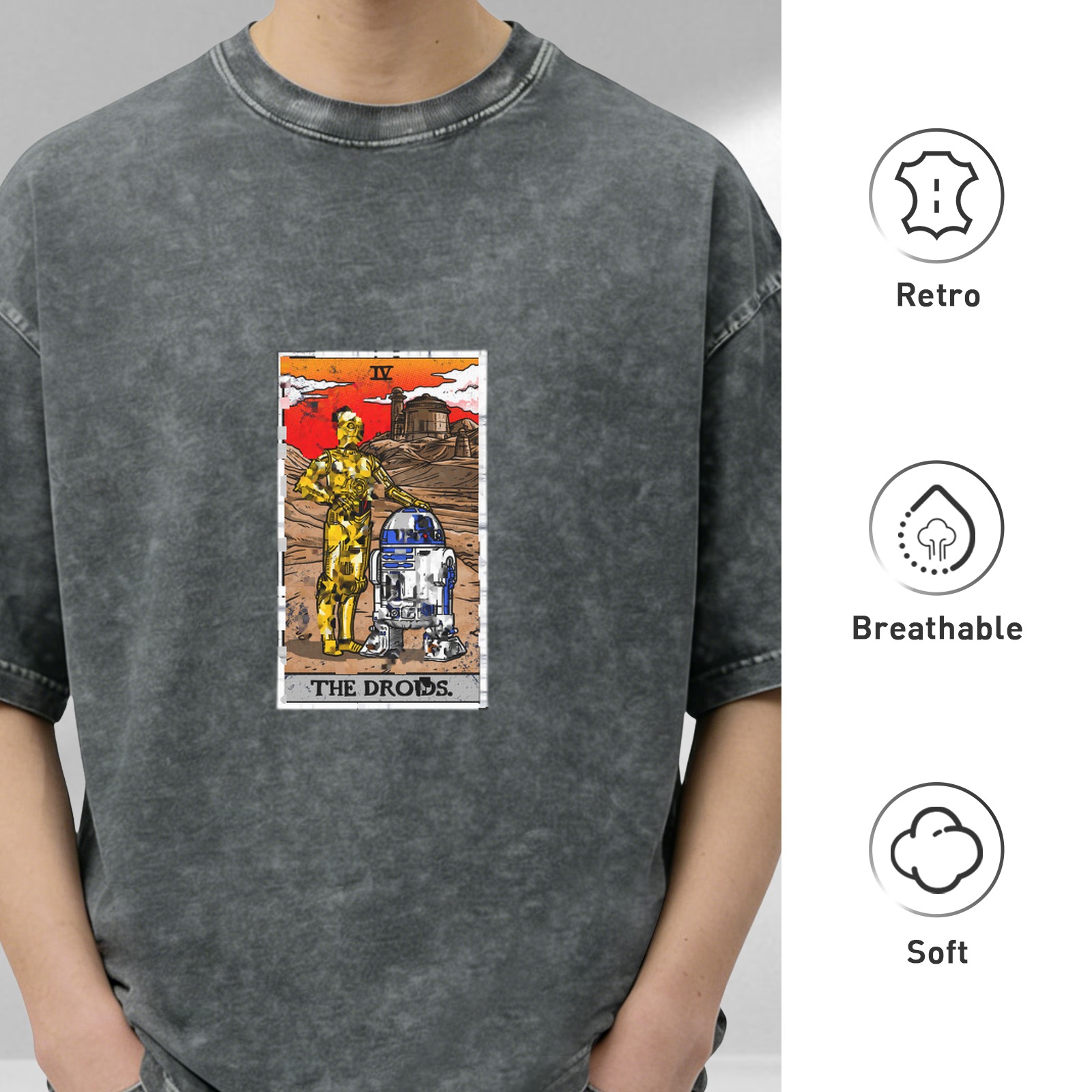 Star Wars The Droids Tarot Card Graphic Oversized Stone Wash T-Shirt