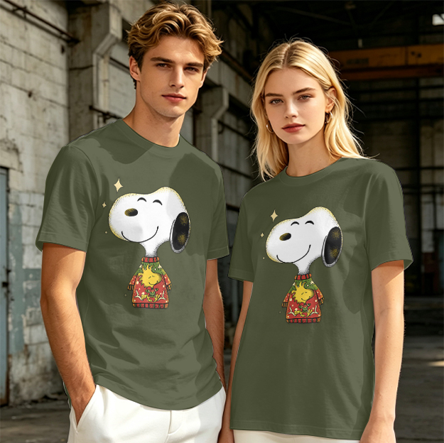 Olive T-shirt with Snoopy in Christmas Sweater Graphic