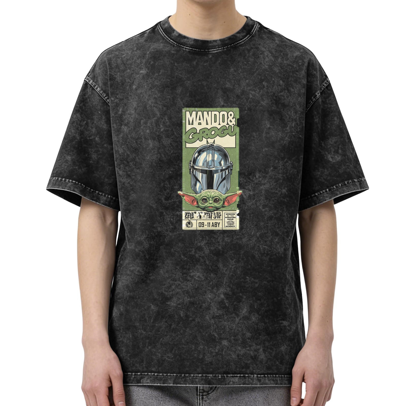 Mandalorian and Grogu Graphic Black Acid Wash T-Shirt