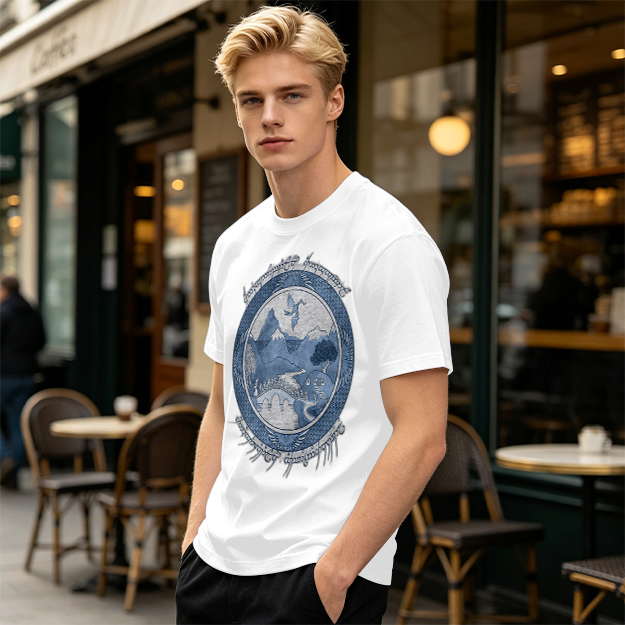 Olive T-Shirt With Fantasy Mountain Landscape Dragon Print