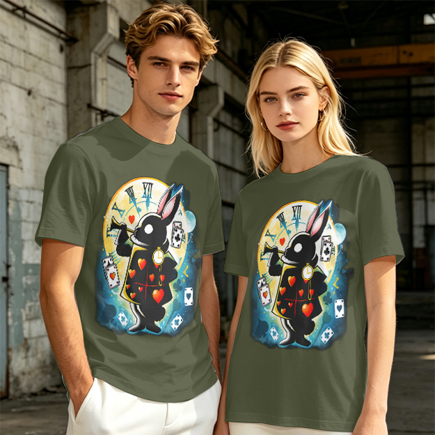 Olive T-Shirt With Alice In Wonderland White Rabbit Print