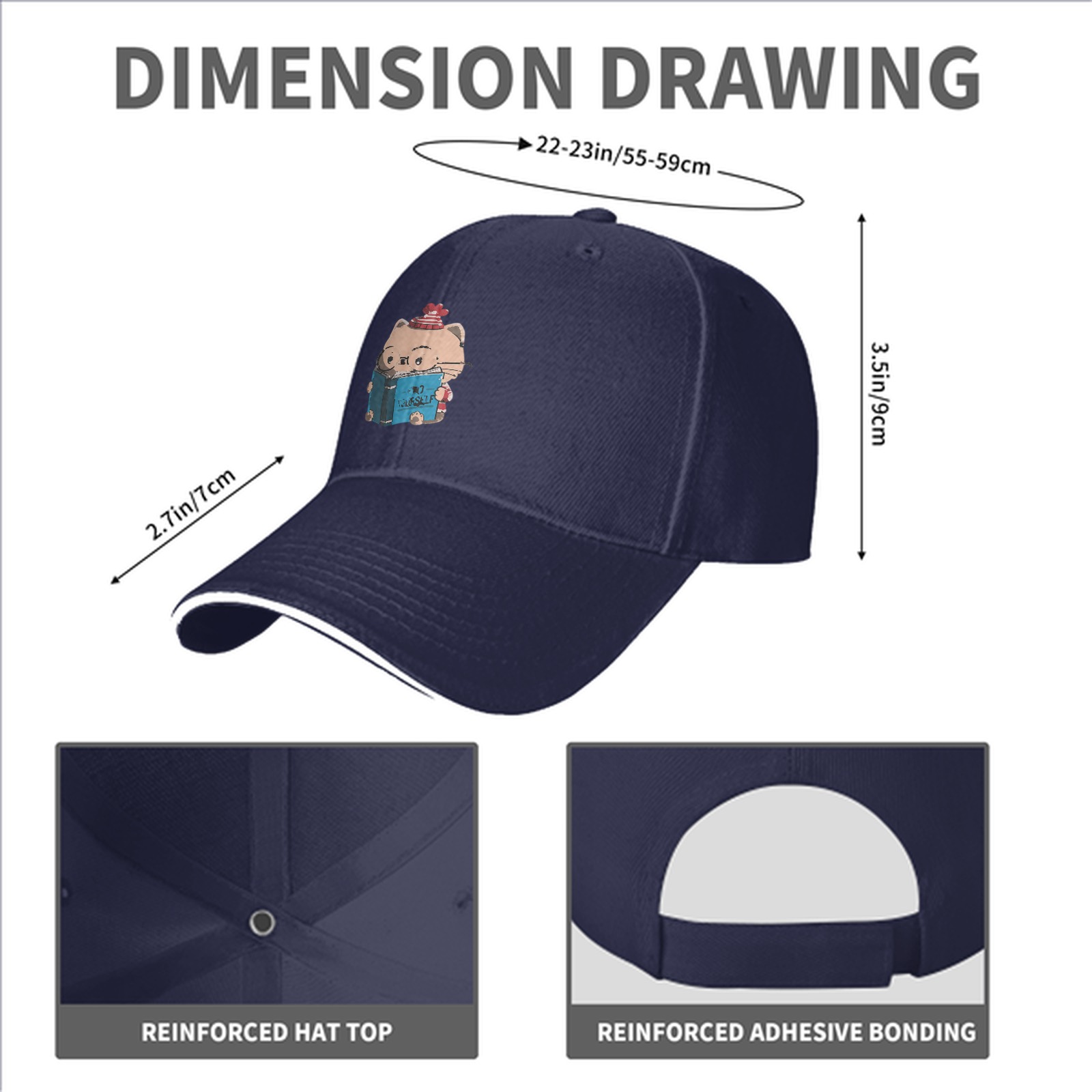Black Baseball Cap With Cute Reading Cat Graphic