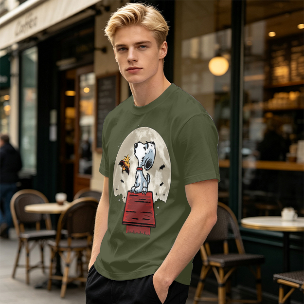 Snoopy and Woodstock on Doghouse Under Full Moon T-Shirt