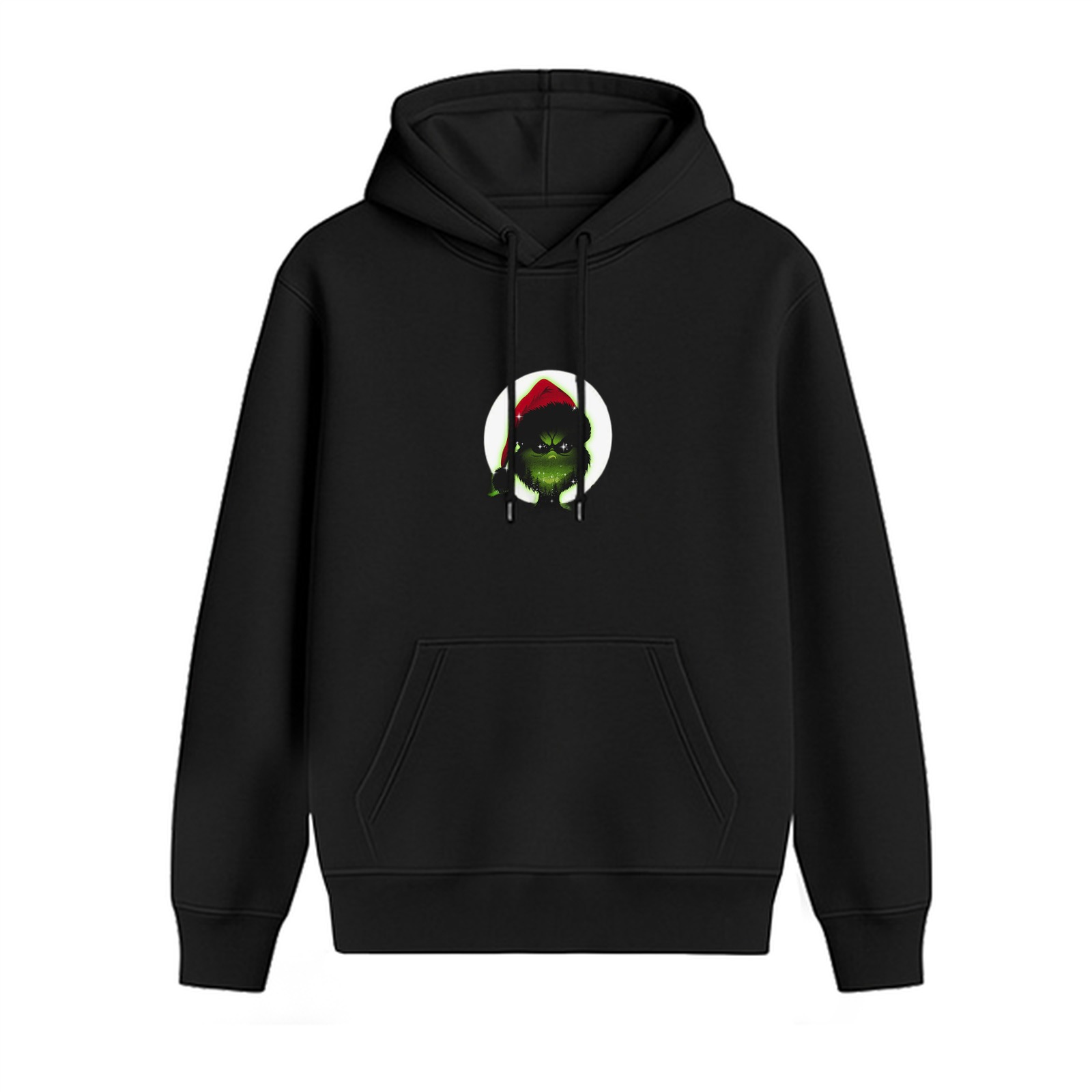 Black hoodie with Grinch in Santa hat graphic