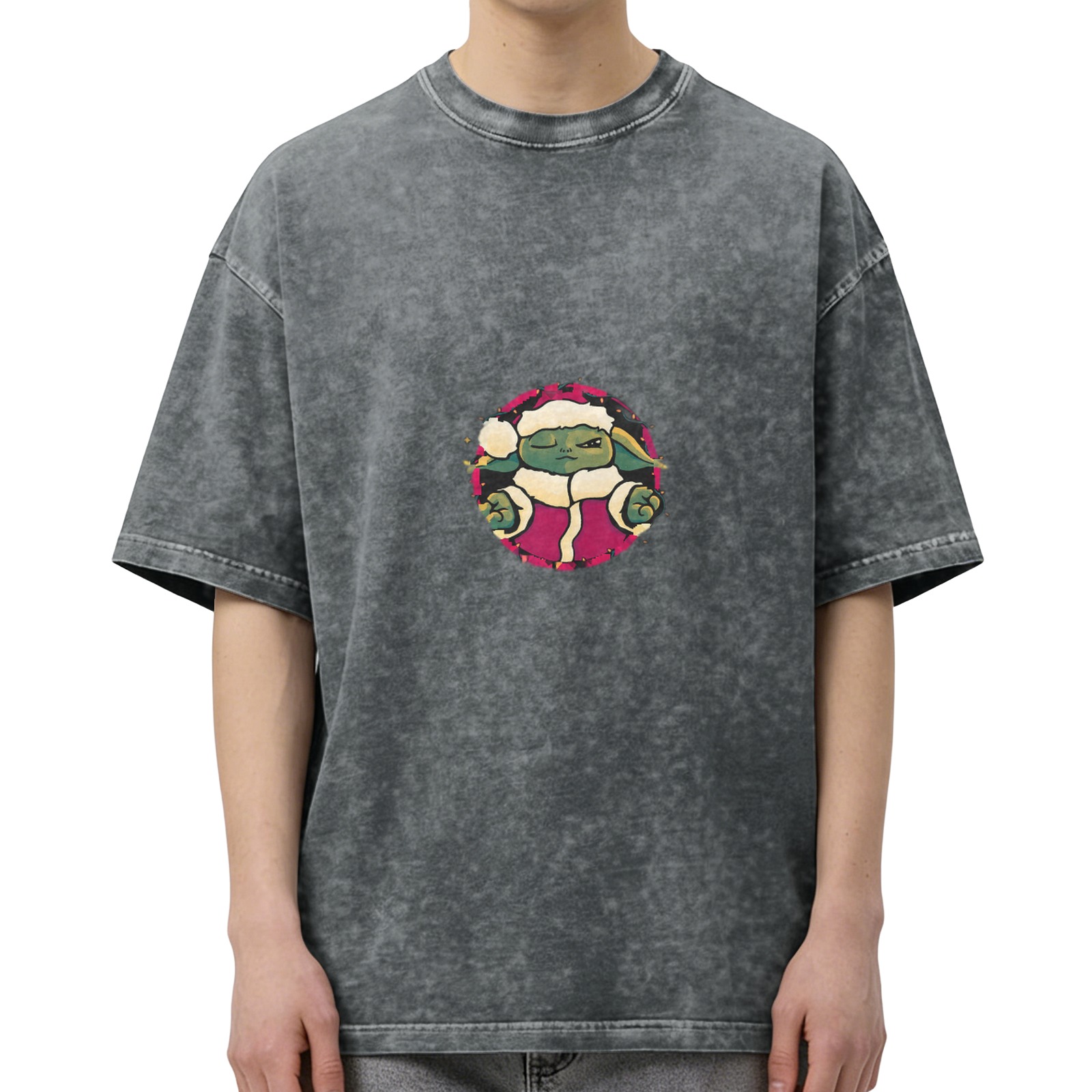 Distressed black loose short-sleeved T-shirt Christmas Baby Yoda print