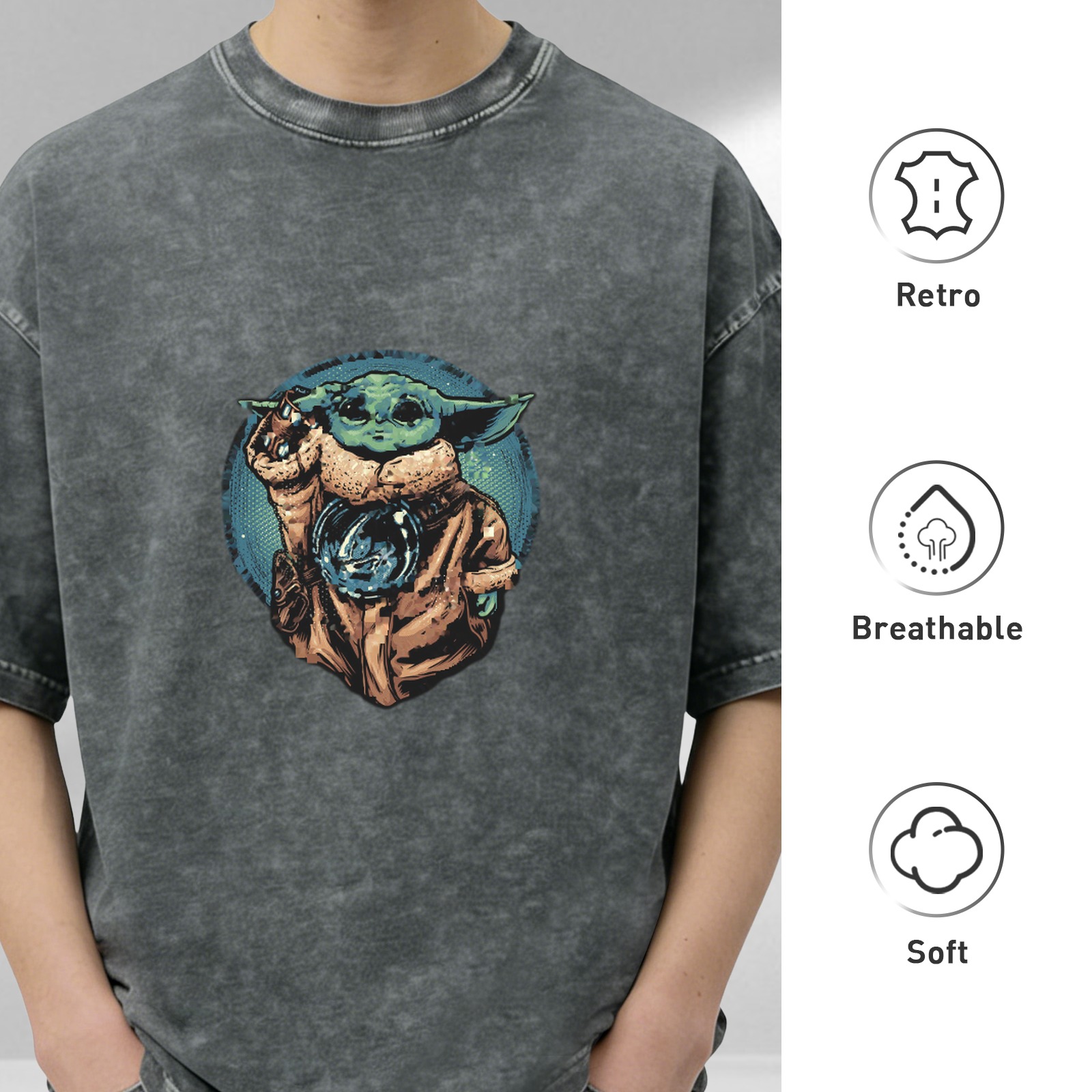 Washed Black T-Shirt Featuring Baby Yoda Graphic