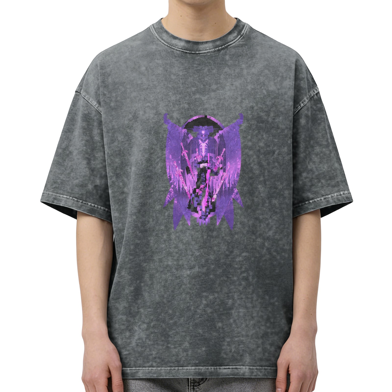 Washed Black T-Shirt With Purple Dark Angel Graphic Print