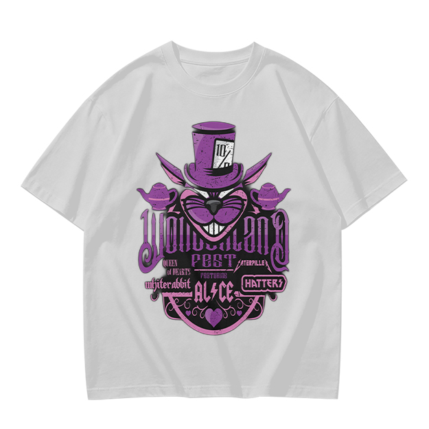 Olive T-Shirt with Wonderland Cheshire Cat Mad Hatter Print