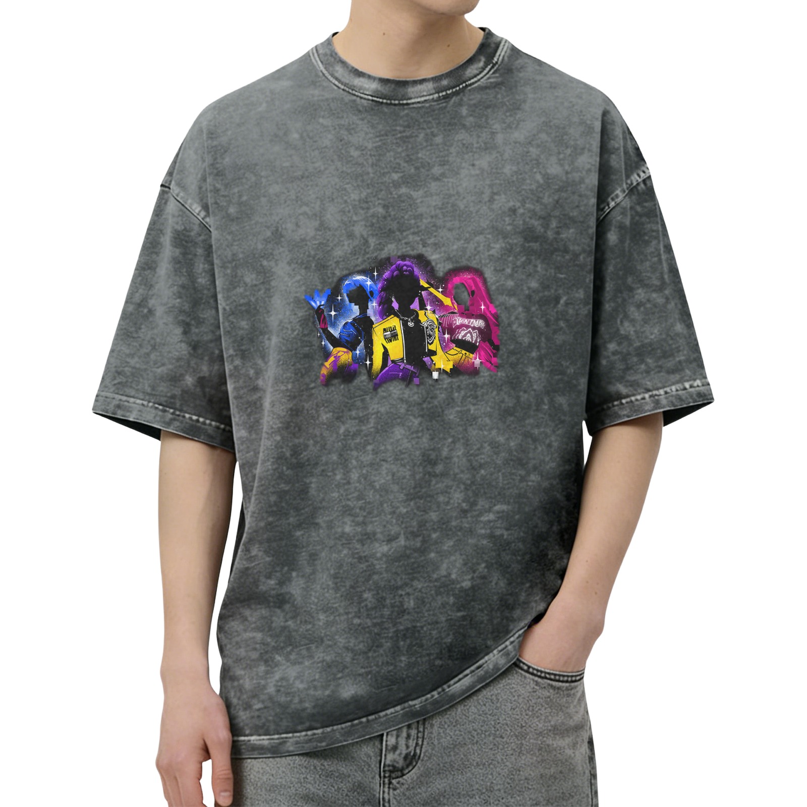 Oversized Acid Wash T-Shirt With Neon Anime Character Silhouette Graphic