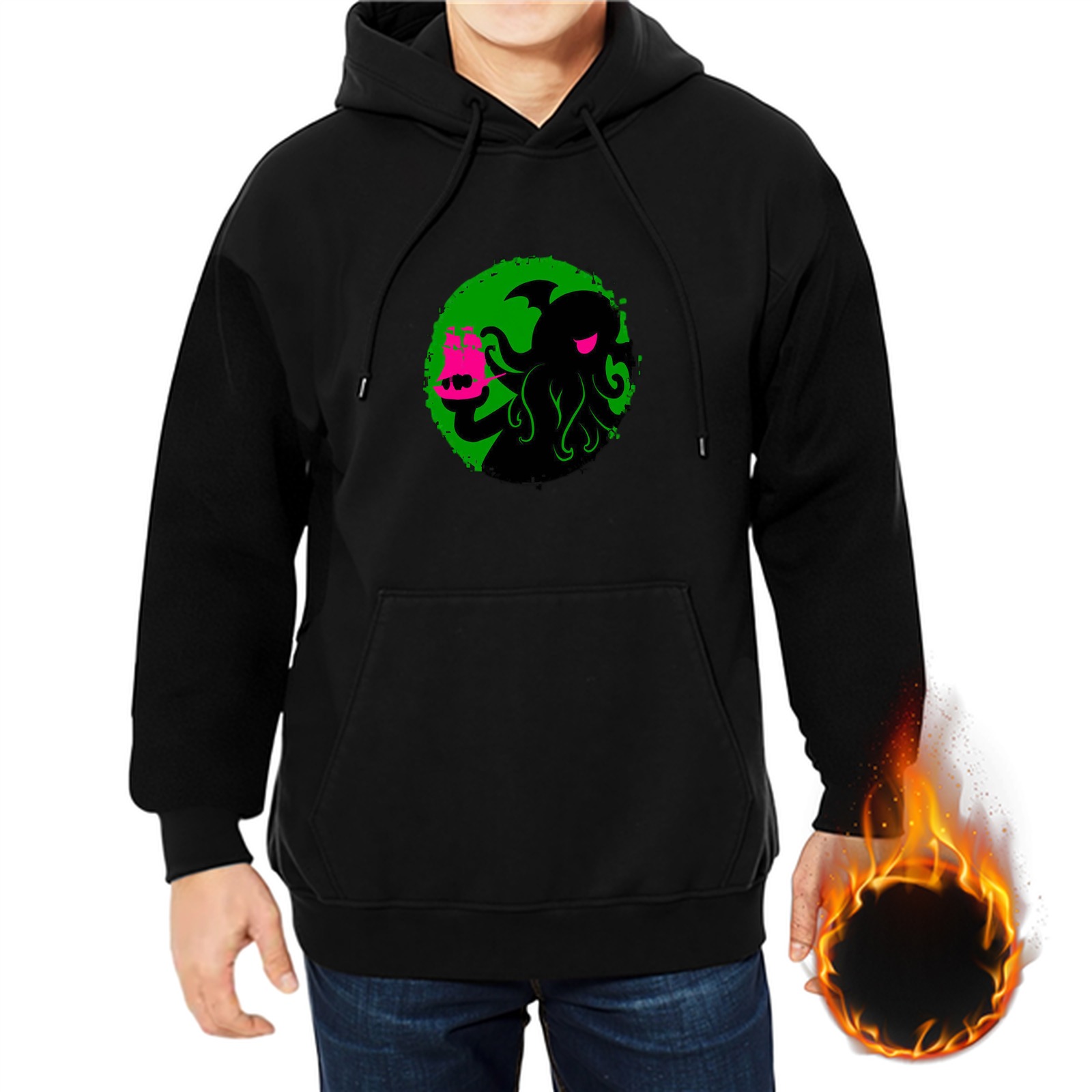Black hoodie with cthulhu holding a pink cat graphic