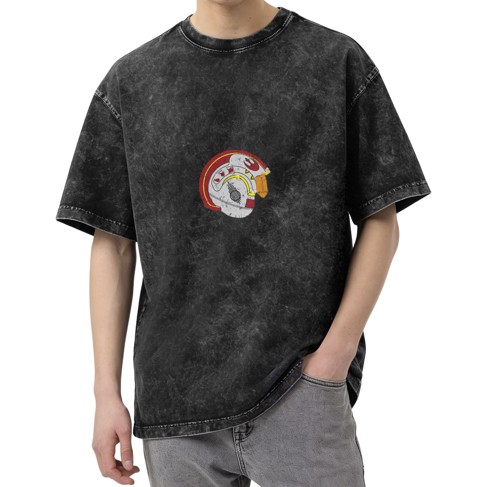 Oversized Dark Wash T-Shirt With Rebel Pilot Helmet Graphic