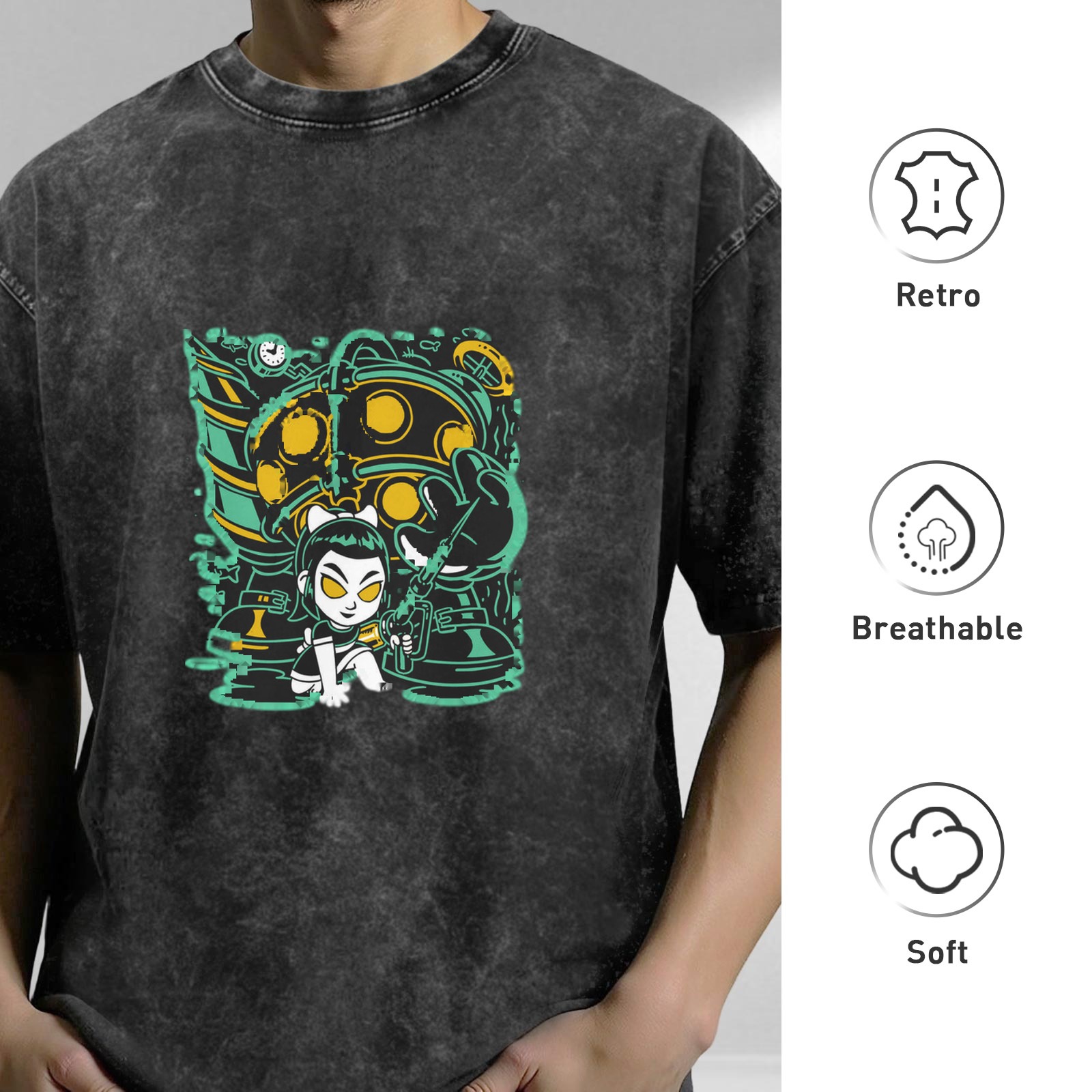 Washed Black Oversized T-Shirt With Cartoon Underwater Character Print
