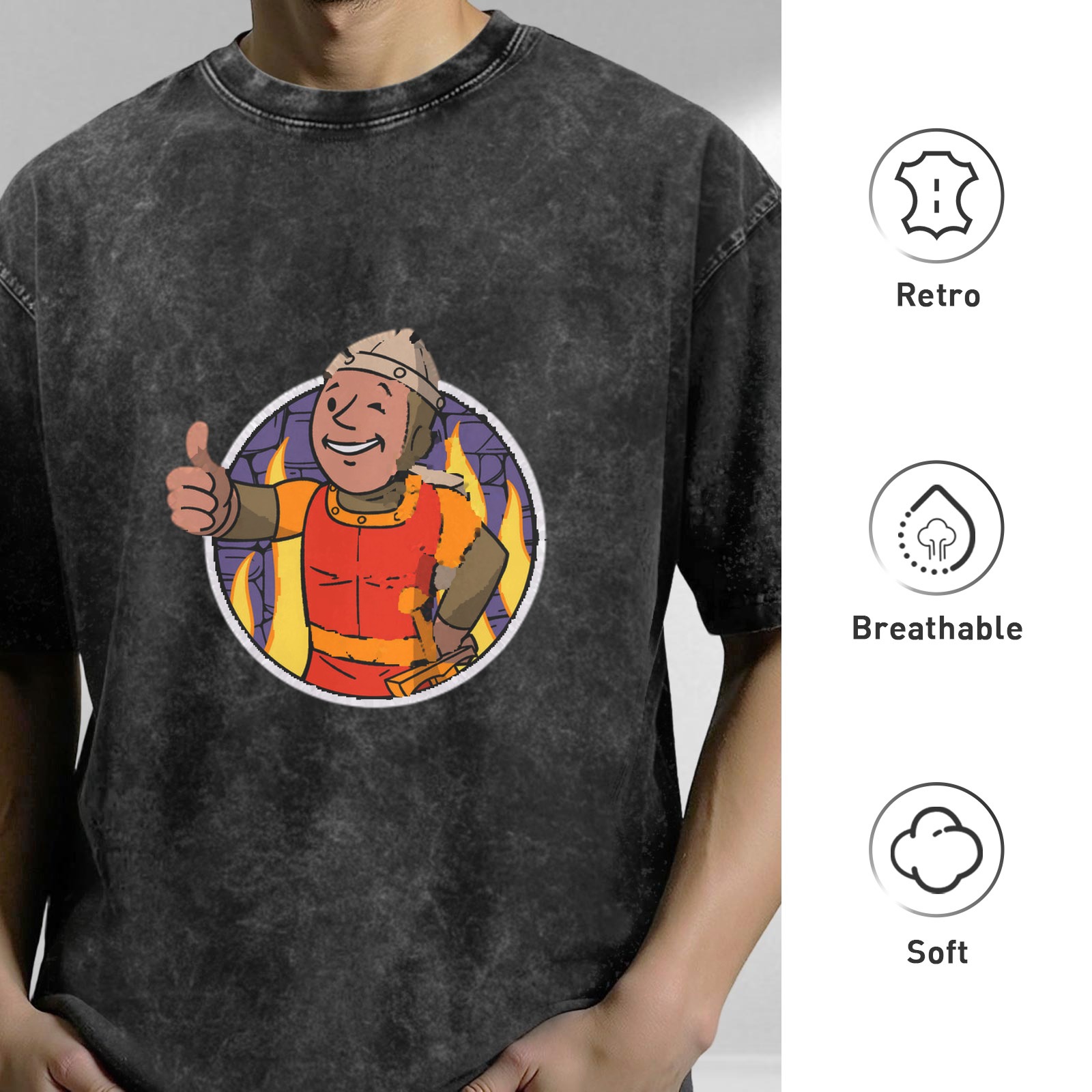 acid wash black t-shirt with cartoon fireman giving thumbs up graphic