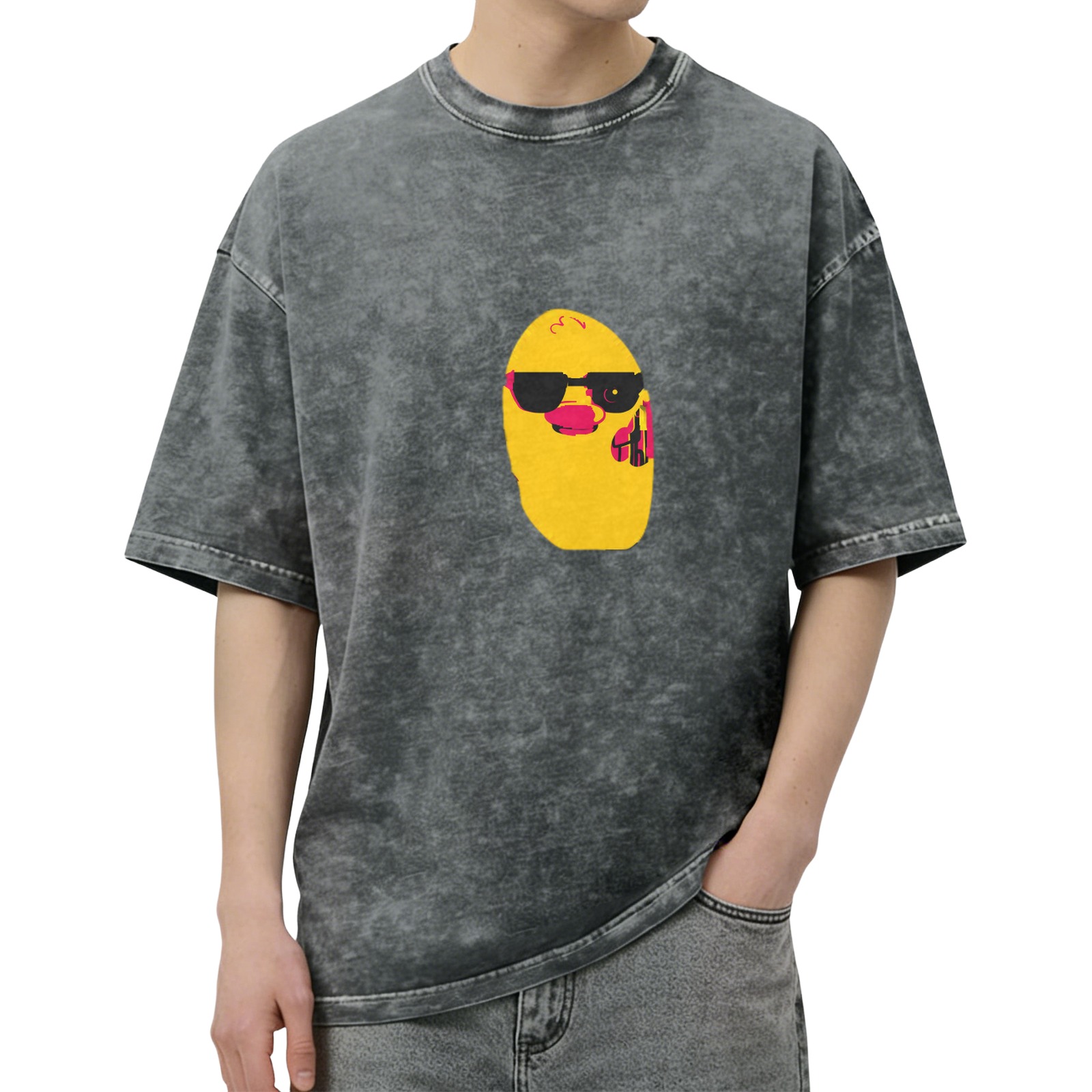 Washed Black T-Shirt With Cool Sunglass Duck Graphic