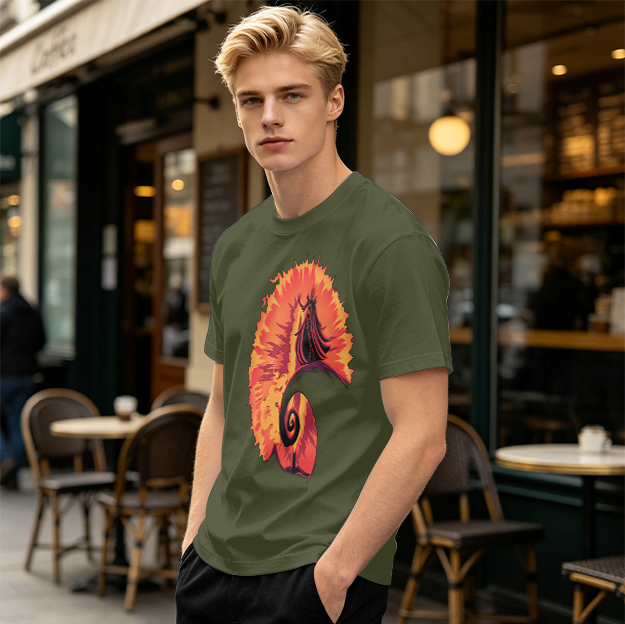 Olive T-Shirt With Fiery Spiral And Silhouette Figure Print