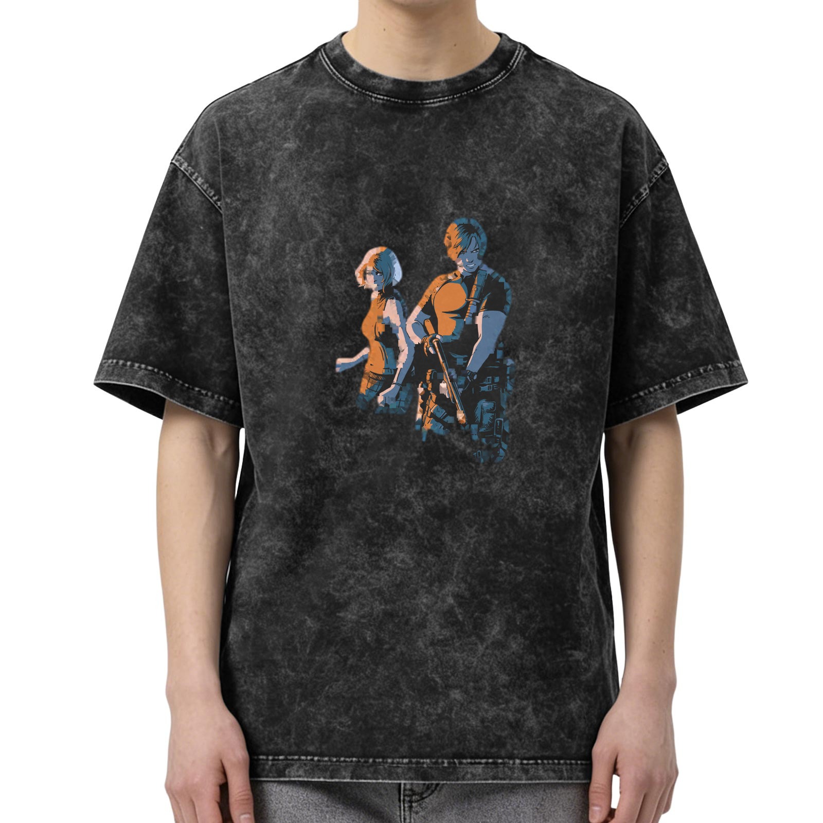Oversized Dark Wash T-Shirt With Two Character Graphic Print