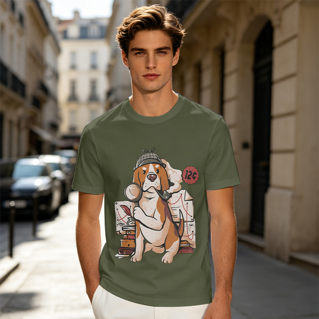 Olive T-Shirt With Cartoon Detective Beagle Dog Print