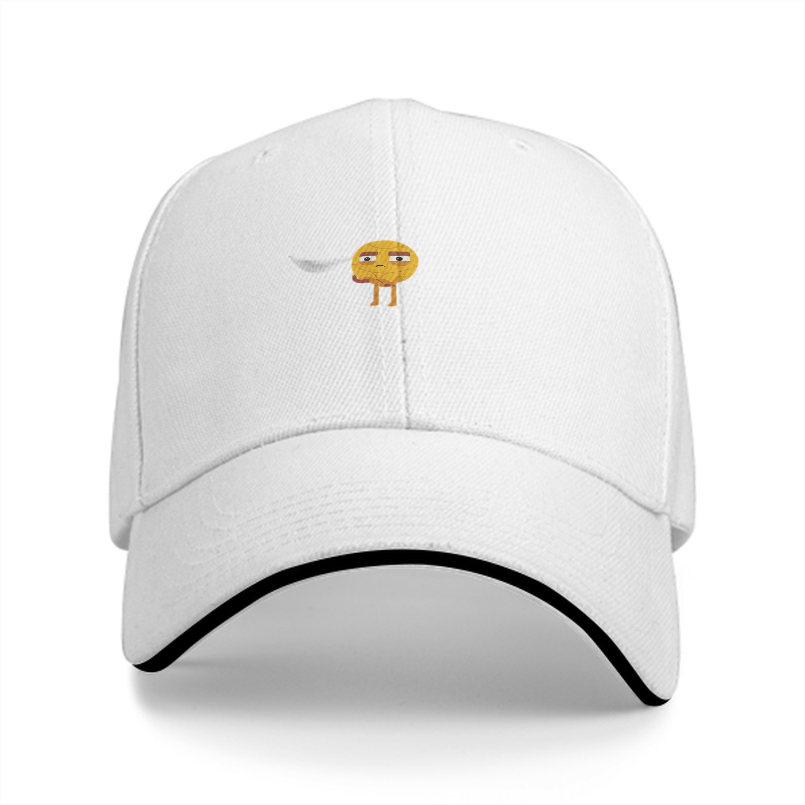 Black baseball cap with unimpressed standing emoji graphic