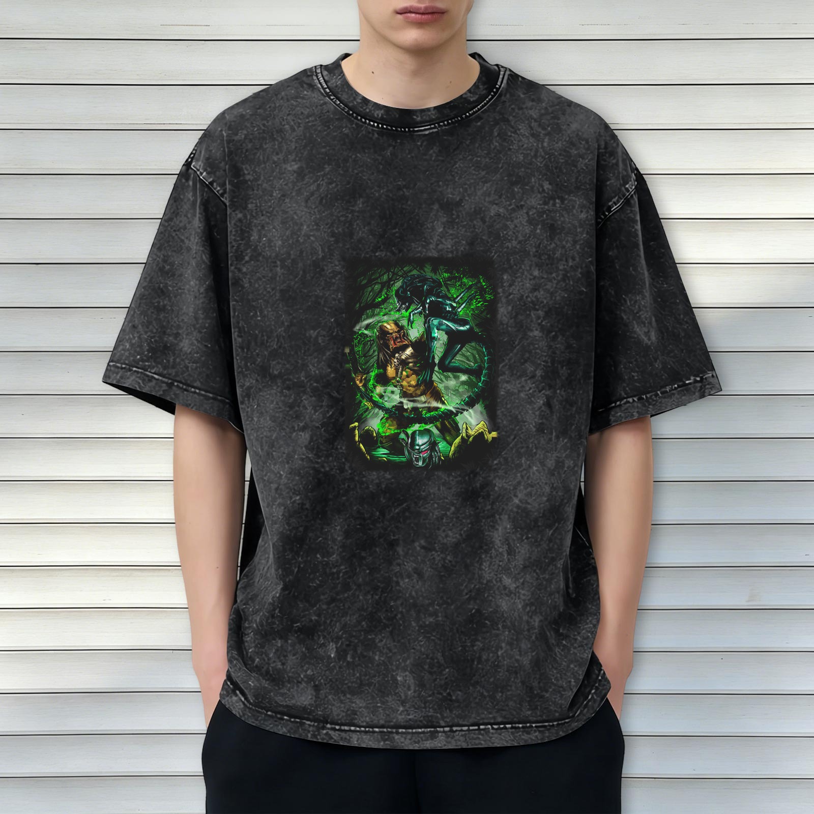 Washed Black Oversized T-Shirt With Alien Vs Predator Graphic
