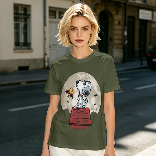 Snoopy and Woodstock on Doghouse Under Full Moon T-Shirt