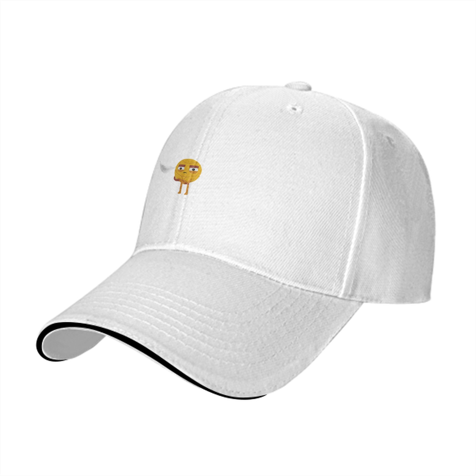 Black baseball cap with unimpressed standing emoji graphic