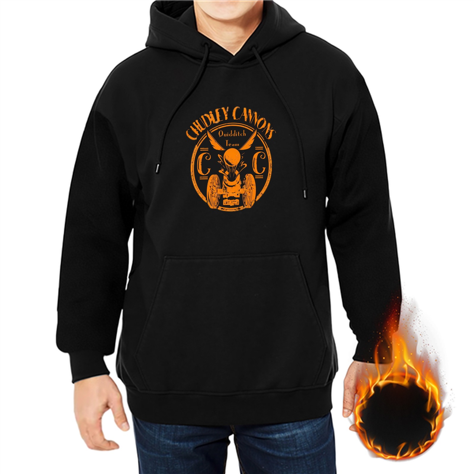 Black hoodie with orange Cheyey Camons graphic print