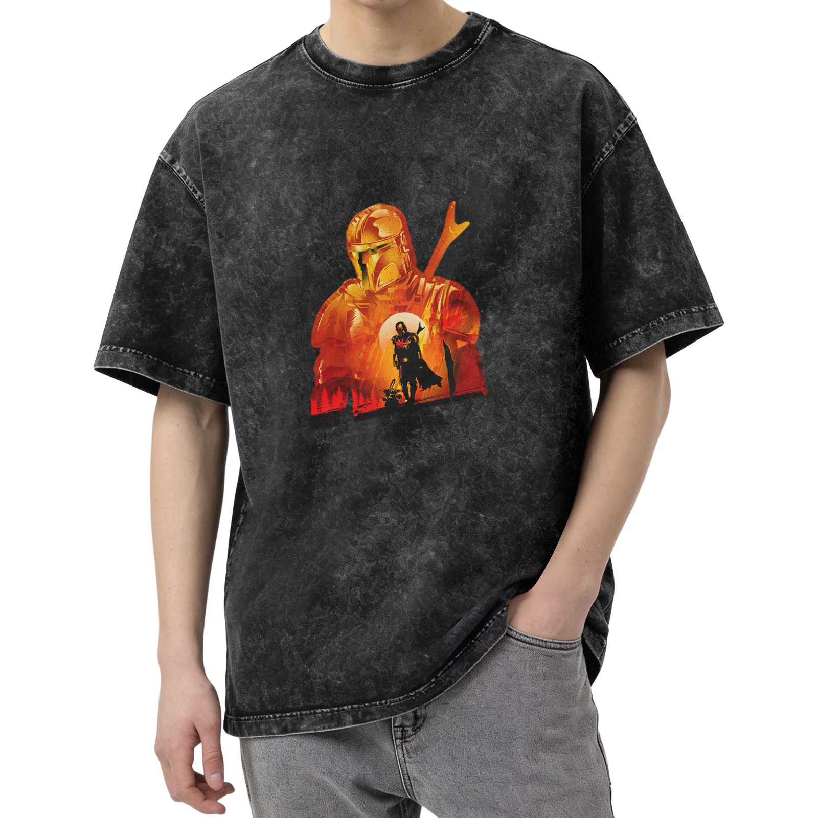Washed black t-shirt with Mandalorian sunset graphic print