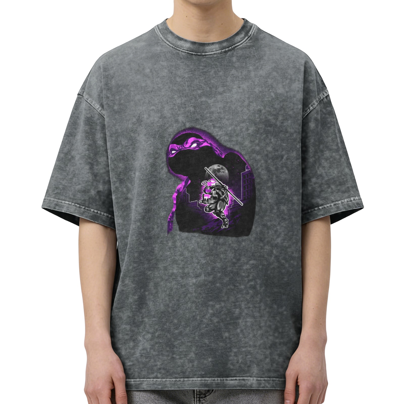 Washed black graphic t-shirt with purple ninja turtle design