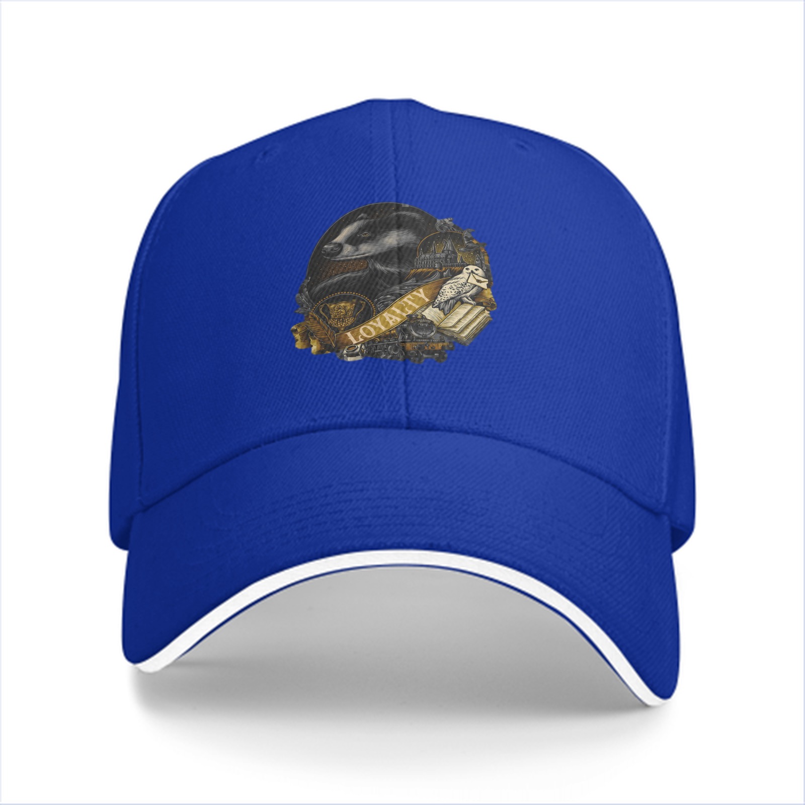 Black baseball cap with Hufflepuff loyalty badger crest print