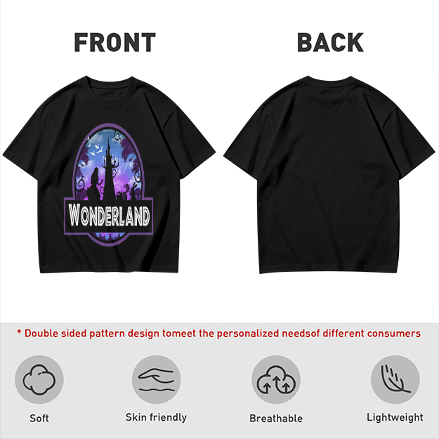 Olive green t-shirt with Wonderland fantasy castle graphic print