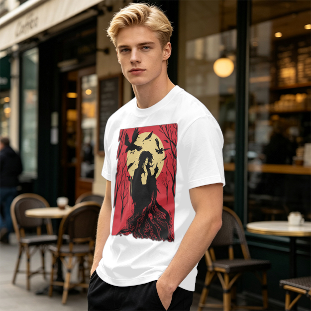 Olive T-Shirt With Gothic Crow And Moon Graphic Print