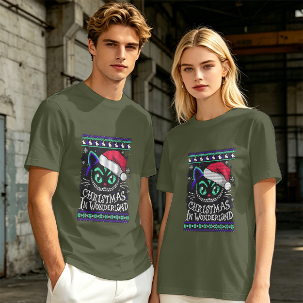 Christmas In Wonderland Cheshire Cat Santa Hat Graphic T-Shirt