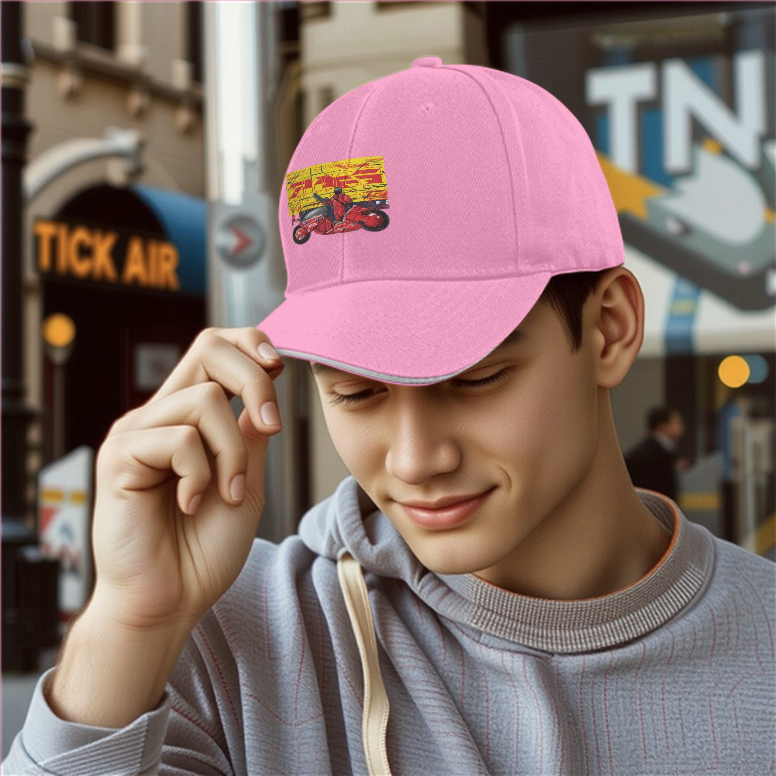 Black Baseball Cap with Anime Motorcycle Rider Graphic