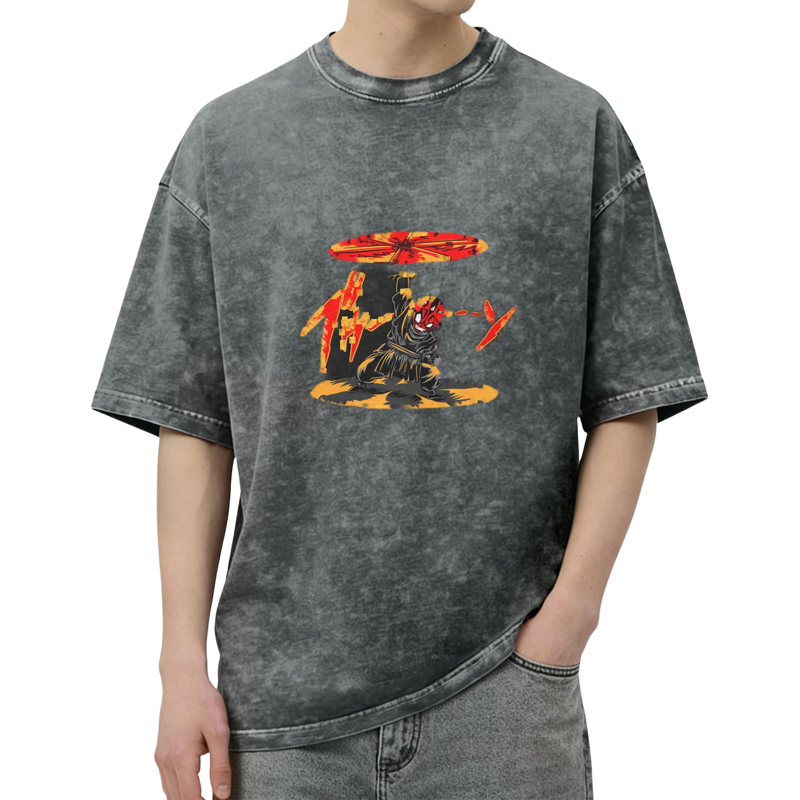 Oversized Acid Wash T-Shirt With Ninja Warrior Graphic Print