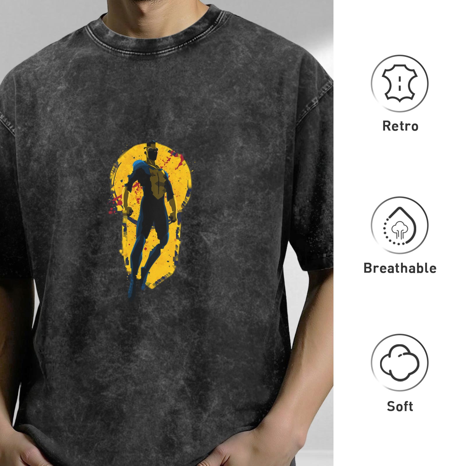 Retro washed distressed superhero printed short-sleeved T-shirt