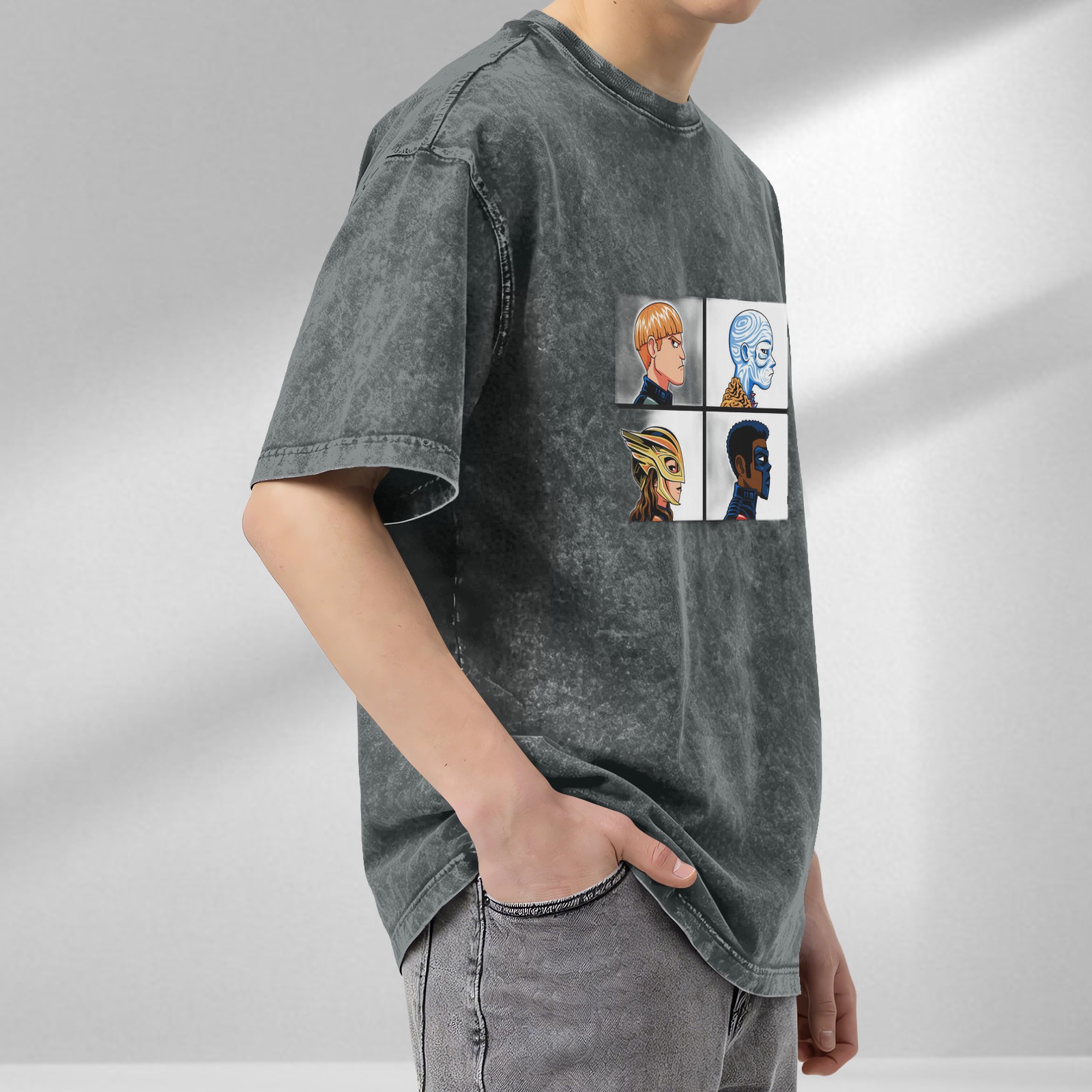 Oversized Dark Wash T-Shirt With Four Superhero Character Portraits