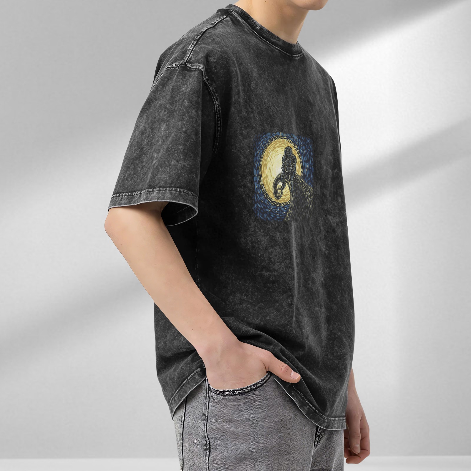 Washed Black Oversized T-Shirt with Ram and Starry Night Style Graphic