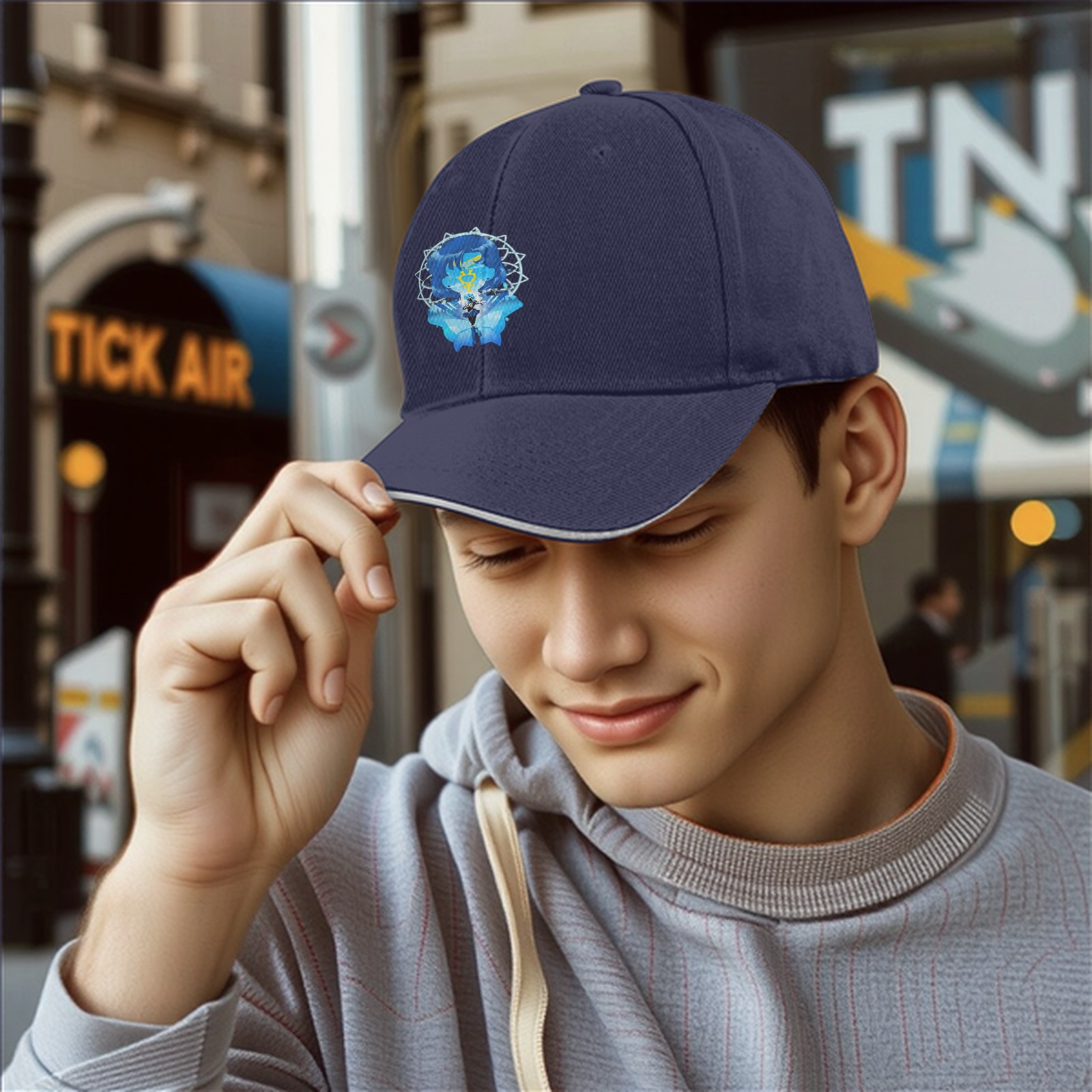 Black Baseball Cap With Blue Anime Character Art Print