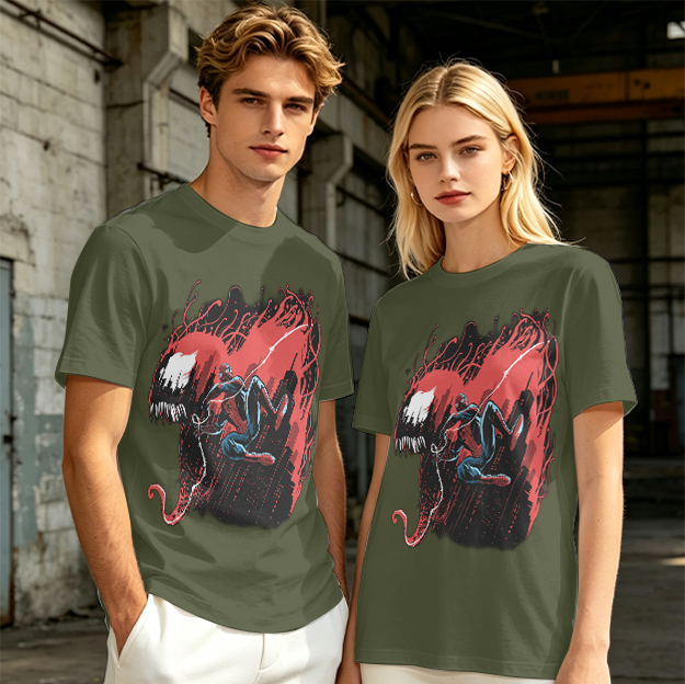 Olive T-shirt with Spider-Man and Symbiote Villain Graphic