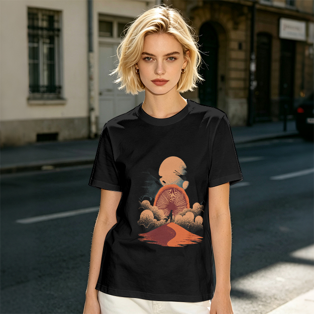 Olive T-Shirt with Surreal Desert Sunset Graphic Print